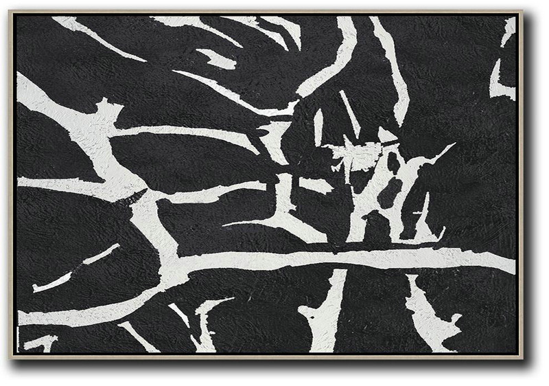 Acrylic Painting On Canvas,Oversized Horizontal Minimal Art On Canvas, Black And White Minimalist Painting - Big Canvas Painting